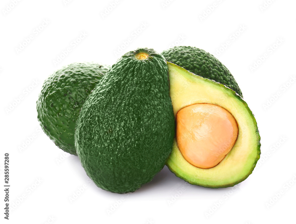 Ripe avocados on white background