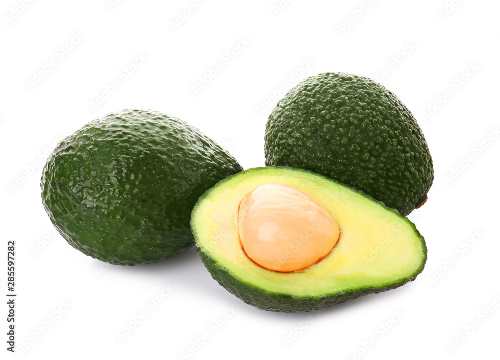Ripe avocados on white background