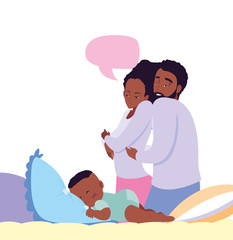 Sticker - mom and dad taking care baby in bed