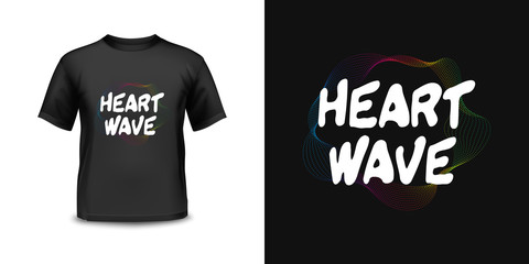 Futuristic heart wave slogan spectrum rainbow dot wavy frame black t-shirt print pattern, elegant fashion white text typography colorful rotate line, digital t shirt graphic vector template design