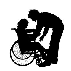 Canvas Print - Vector silhouette of father with his daughter who is on wheelchair on white background. Symbol of family, father, daughter, care, healthy,disabled, handicap.