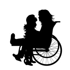 Sticker - Vector silhouette of child with her friend on wheelchair on white background. Symbol of disabled, handicap,accident, injured,girl,friendship.