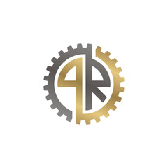 Initial letter P and R, PR, interlock cogwheel gear logo, black gold on white background