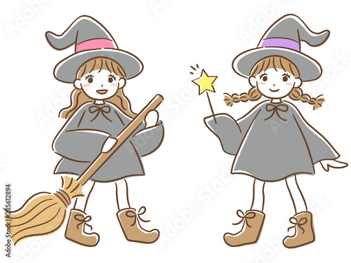 魔女の仮装の女の子2人 手描き風ハロウィンイラスト Stock Vector Adobe Stock