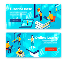 Vector online learning and tutorial base banner templates set. People watching lessons on screen and teaching with phone. With place for your text.