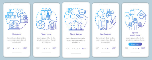 Children camps onboarding mobile app page screen vector template. Kids and family holiday. Walkthrough website steps with linear illustrations. UX, UI, GUI smartphone interface concept