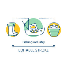 Fishing Industry Concept Icon. Fishery Sector. Catching Fish For Food And For Sale. Rubber Boots, Bucket Of Fish, Boat Idea Thin Line Illustration. Vector Isolated Outline Drawing. Editable Stroke