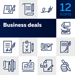 Sticker - Business deals line icon set. Set of line icons on white background. Working concept. Document, office supplies, pen, bill. Vector illustration can be used for topics like job, office