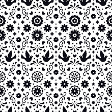 Mexican Flowers, Leaves And Birds. Traditional Seamless Pattern For Fiesta Party. Floral Folk Art Design From Mexico. Mexican Folklore Ornament. Black And White Background.