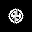 Initial letter R and Y, RY, interlock cogwheel gear monogram logo, white color on black background