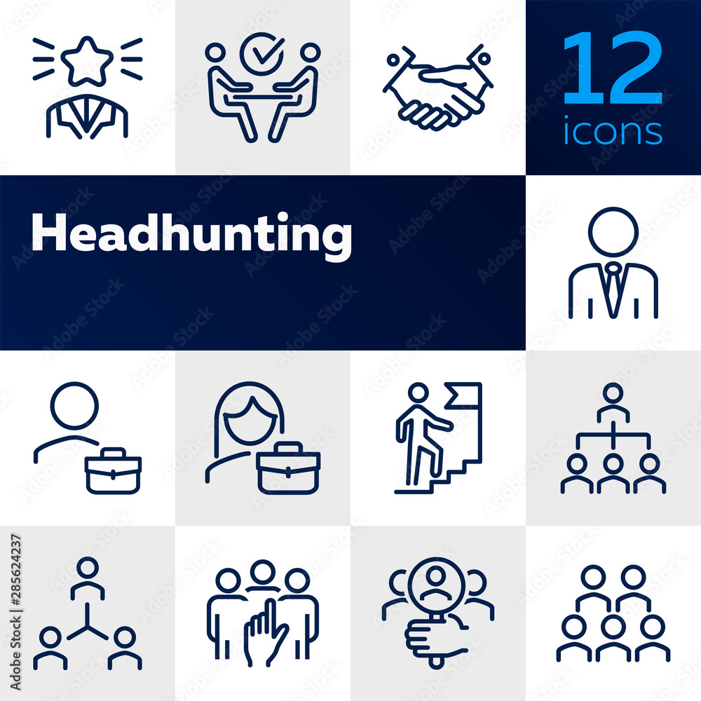 Headhunting icon. Set of line icons on white background. Job interview, hr manager, partnership. Recruitment concept. Vector illustration can be used for topics like business, employment, career - obrazy, fototapety, plakaty 