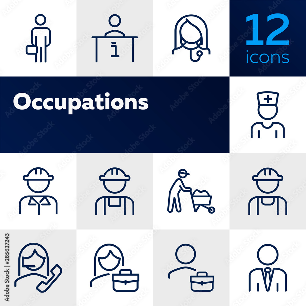 Occupations line icon set. Set of line icons on white background. Businessman, construction worker, doctor. Working concept. Vector illustration can be used for topics like career, professional growth - obrazy, fototapety, plakaty 