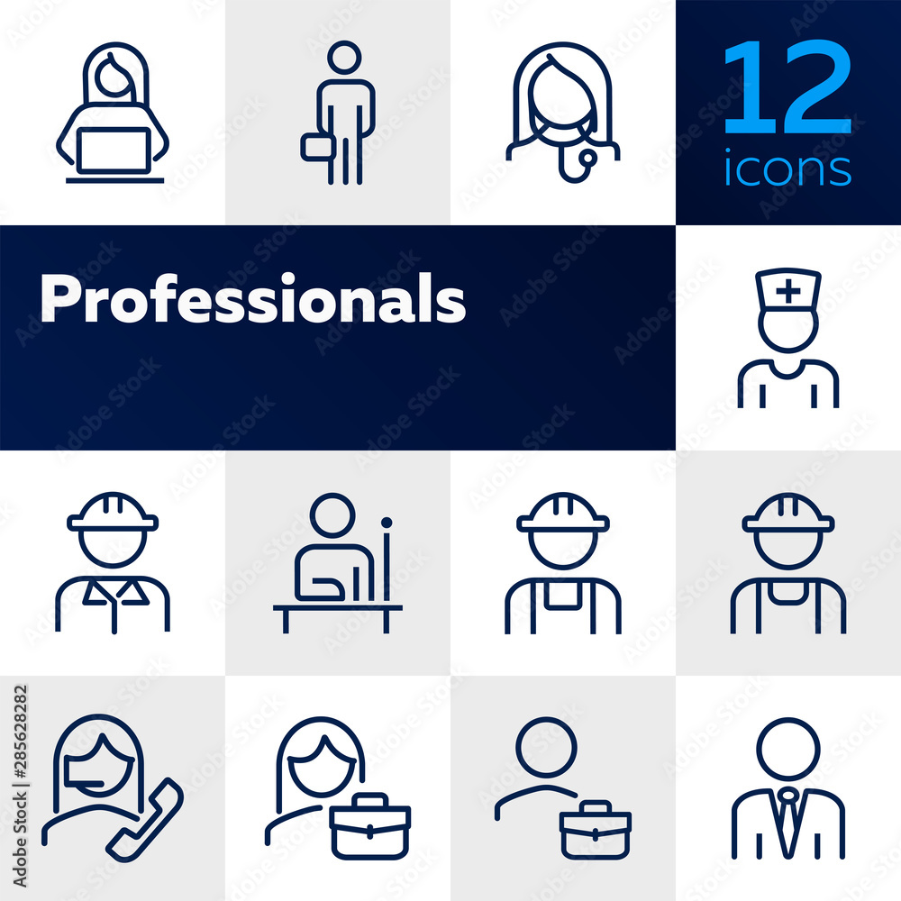 Professionals line icon set. Manager, doctor, engineer. Job concept. Can be used for topics like work, occupation, expertise - obrazy, fototapety, plakaty 