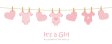Its A Girl Welcome Greeting Card For Childbirth With Hanging Hearts And Bodysuits Vector Illustration EPS10
