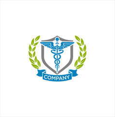 Wall Mural - Shield Crown Leaves Medical Logo Icon Symbol. Medical Goup Logo Healhy Template