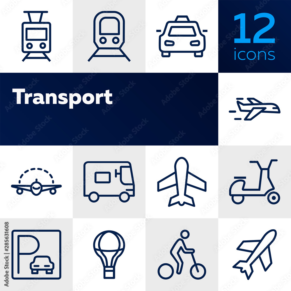 Transport line icon set. Set of line icons on white background. Airplane, bicycle, car. Travel concept. Vector illustration can be used for topics like tourism, active lifestyle - obrazy, fototapety, plakaty 