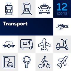 Canvas Print - Transport line icon set. Set of line icons on white background. Airplane, bicycle, car. Travel concept. Vector illustration can be used for topics like tourism, active lifestyle