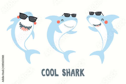 Collection of cute funny sharks in sunglasses, with quote Cool Shark. Isolate...