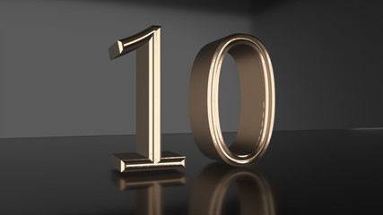 Golden number Countdown from ten to zero 3d render