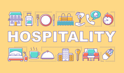 Wall Mural - Hospitality word concepts banner. Lodging industry. Restaurant and hotel service. Presentation, website. Isolated lettering typography idea with linear icons. Vector outline illustration