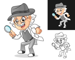 Wall Mural - Happy Old Man Professor Detective Criminal Investigations with Glasses and Hat Holding Magnifying Glass Cartoon Character Design, Including Flat and Line Art Designs, Vector Illustration.