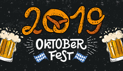 2019 Oktoberfest banner. Vector flat color illustration for German beer festival in Munich. Hand Drawn Lettering with picture of beer mug with foam, pretzel and Bavarian flag. Cracks can be removed