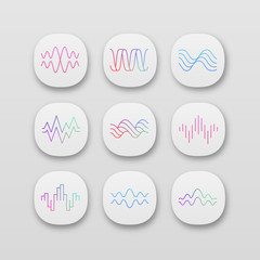 Sticker - Sound waves app icons set. UI/UX user interface. Music rhythm, heart pulse. Audio waves logotype. Digital waveforms, abstract soundwaves. Web or mobile applications. Vector isolated illustrations