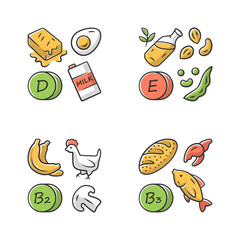 Sticker - Vitamins color icons set. D, E, B2, B3 vitamins natural food source. Dairy products, nuts. Proper nutrition. Healthy food. Minerals, antioxidants. Isolated vector illustrations