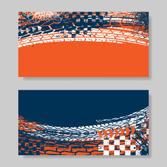 Set of two rectangle banners with red, blue and white ink blots and tire tracks