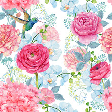 Flowers Ranunculus And A Bird Hummingbird.Seamless Pattern For Printing On Fabric And Wallpaper
