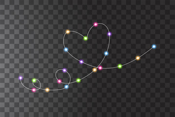 Wall Mural - Christmas lights with heart one line. Colorful Xmas garland with heart one line. Vector red, yellow, blue and green and purple glow light bulbs on transparent background.