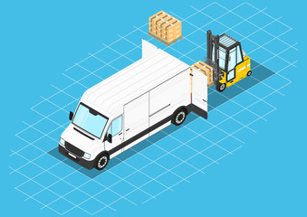 Forklift unloading cargo from the van. Isometric view. Flat vector.