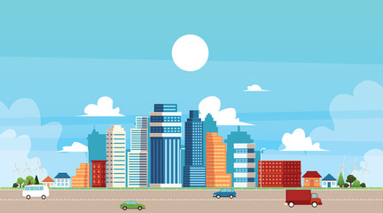 Urban and suburban landscape with buildings and traffic flat vector illustration.