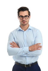 Wall Mural - Young male teacher with glasses on white background