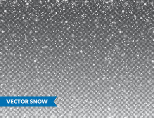 Aufkleber - Realistic falling snow with snowflakes. Winter transparent background for Christmas or New Year card. Frost storm effect, snowfall, ice. Vector illustration.