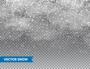 Aufkleber - Realistic falling snow with snowflakes and clouds. Winter transparent background for Christmas or New Year card. Frost storm effect, snowfall, ice. Vector illustration.