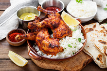Tandoori Chicken With Jasmine Rice And Pita Bread, Indian Cuisine.