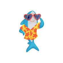 Blue Shark In Hawaiian Shirt And Sunglasses Cartoon Vector Illustration Isolated.