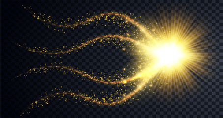 Poster - Golden particles wave. Sparkle stardust. \n Vector glittery twirl with shiny Christmas confetti on premium luxury black background. Glowing lines. Vector illustration