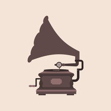 Brown Vintage Record Player On The Beige Background. Elegant Brass Antique Gramophone. Playing Retro Music On Vinyl Concept. Gramophone Icon. Sound And Music Concept. Vector Illustration, Flat Style.