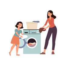 Family Scene A Daughter Helps Her Mother At Home Flat Vector Illustration Isolated.