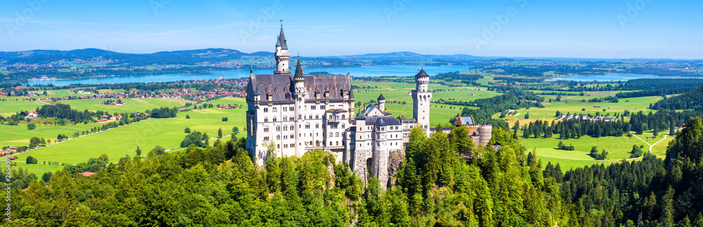 Panoramic view of Neuschwanstein castle, Germany. Landscape with fairytale castle, famous landmark of Bavaria. - obrazy, fototapety, plakaty 
