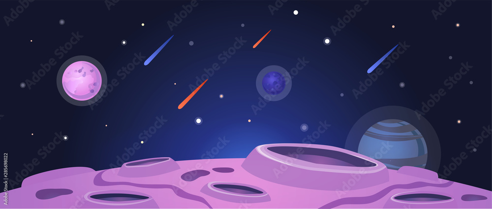 Cartoon space banner with purple planet surface with craters on night galaxy sky - obrazy, fototapety, plakaty 