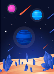 Wall Mural - Space landscape poster - colorful view from sand planet with blue crystals