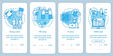 Startup, company camps onboarding mobile app page screen with linear concepts. Team building, HR training walkthrough steps graphic instructions. UX, UI, GUI vector template with illustrations