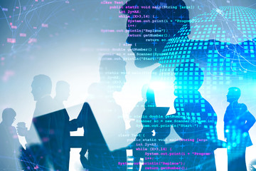 programmers silhouettes, planet hologram and code