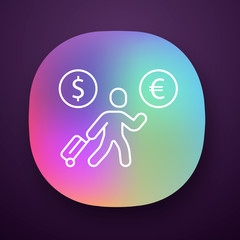 Poster - Economic migrant app icon. Person searching new home. Business immigrant. Refugee with luggage. Travelling abroad. UI/UX user interface. Web or mobile application. Vector isolated illustration