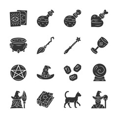 Sticker - Magic glyph icons set. Witchcraft, sorcery Halloween item. Occult, gypsy mystic rituals tools. Fortune telling, divination. Superstitions & predictions. Silhouette symbol. Vector isolated illustration