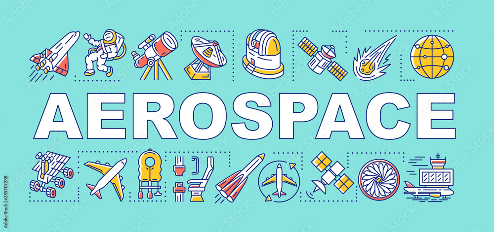 Aerospace word concepts banner. Cosmos exploration and travel. Aviation and space flight. Presentation, website. Isolated lettering typography idea with linear icons. Vector outline illustration - obrazy, fototapety, plakaty 
