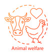 Animal welfare, shelter concept icon. Voluntary wildlife protection idea thin line illustration. Veterinary clinic, farming business. Heart symbol, chicken and cow vector isolated outline drawing